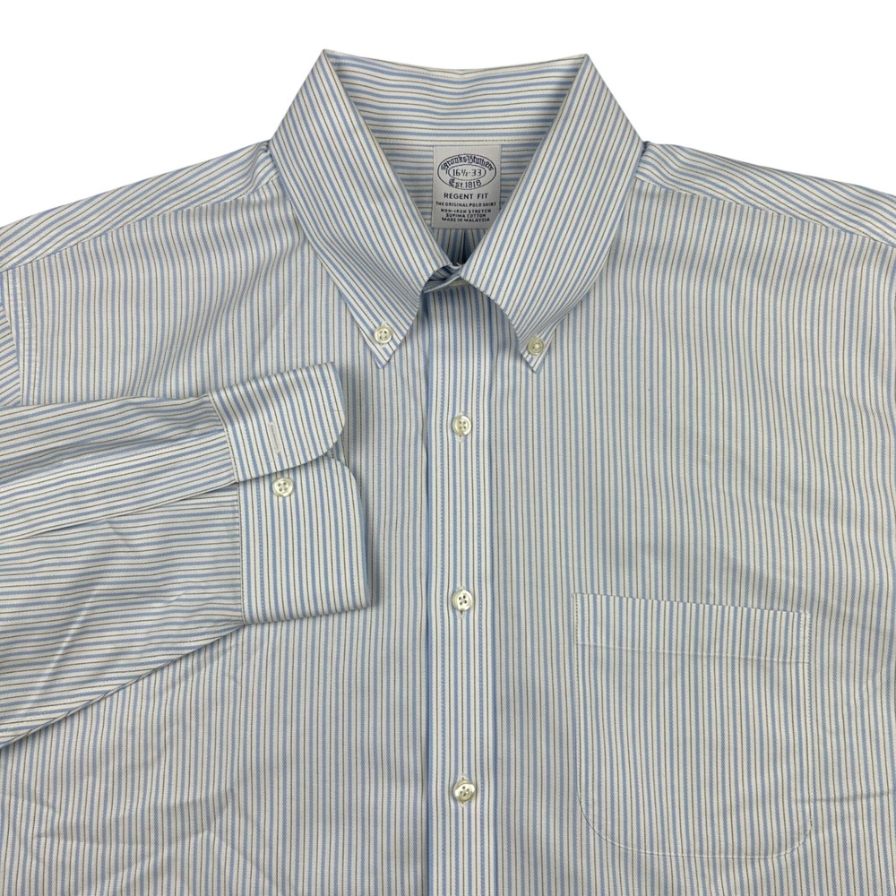 Brooks Brothers Regent Shirt Men 16.5-33 Blue Grey Striped Non-Iron Stretch Pima